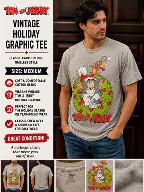 Tom and Jerry Grey Graphic Tee - Holiday Wreath MEDIUM